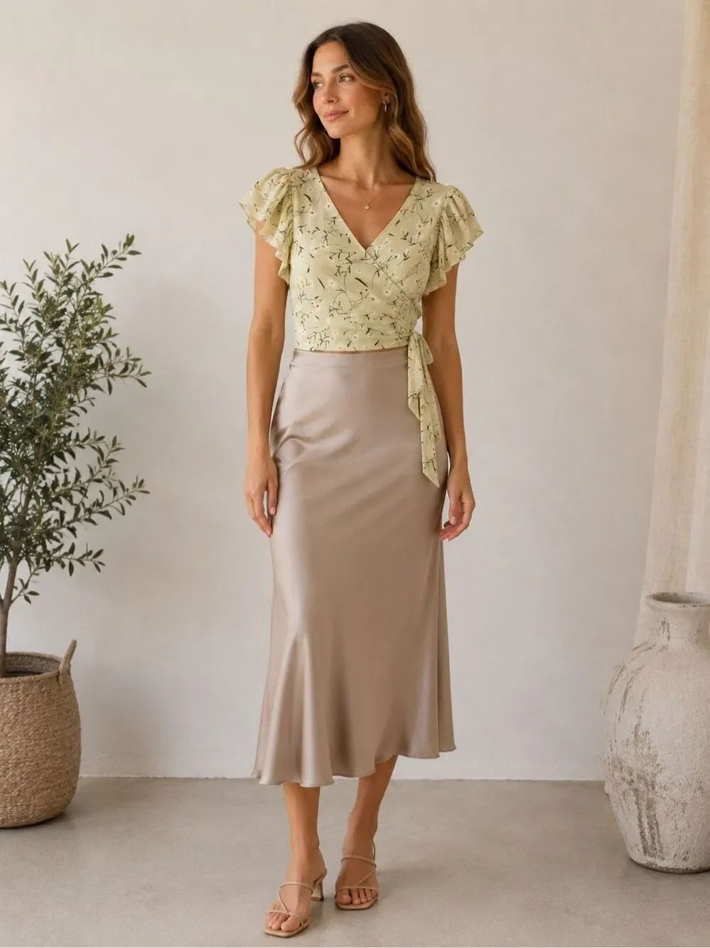 Shein Bohemian Floral Wrap Blouse Top Puff Ruffle Sleeves Tie Back Size L